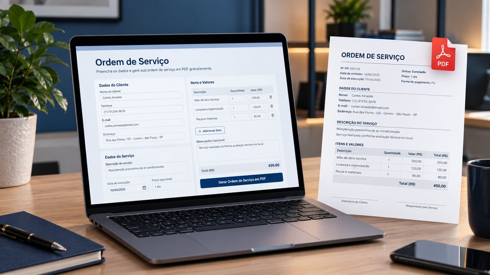 Ordem de serviço na tela do notebook e impressa em papel