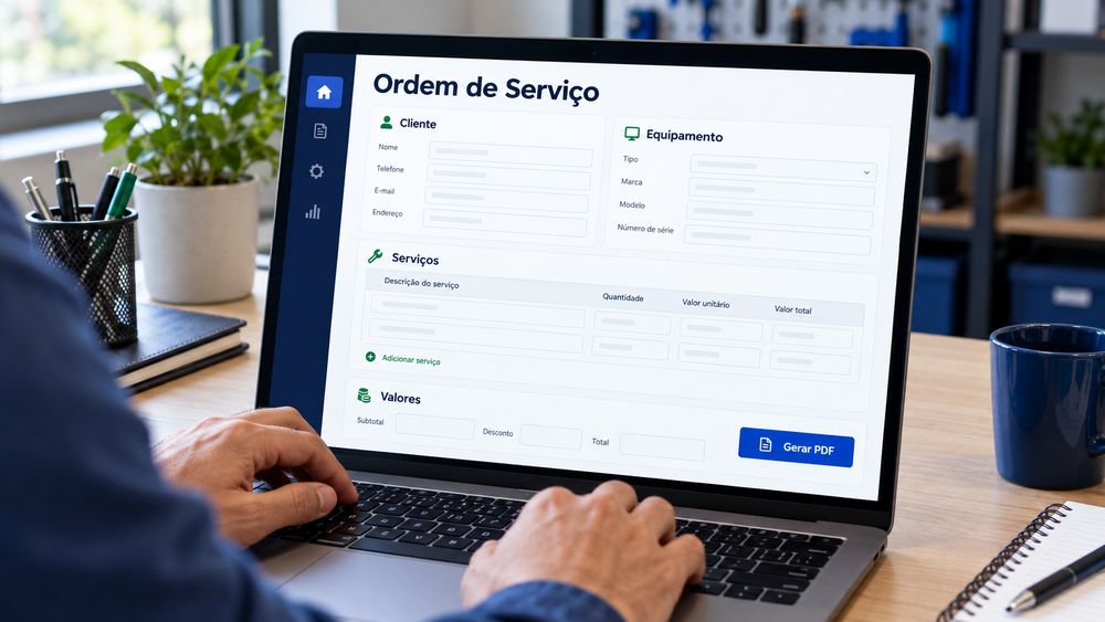 Pessoa preenchendo uma ordem de serviço no computador