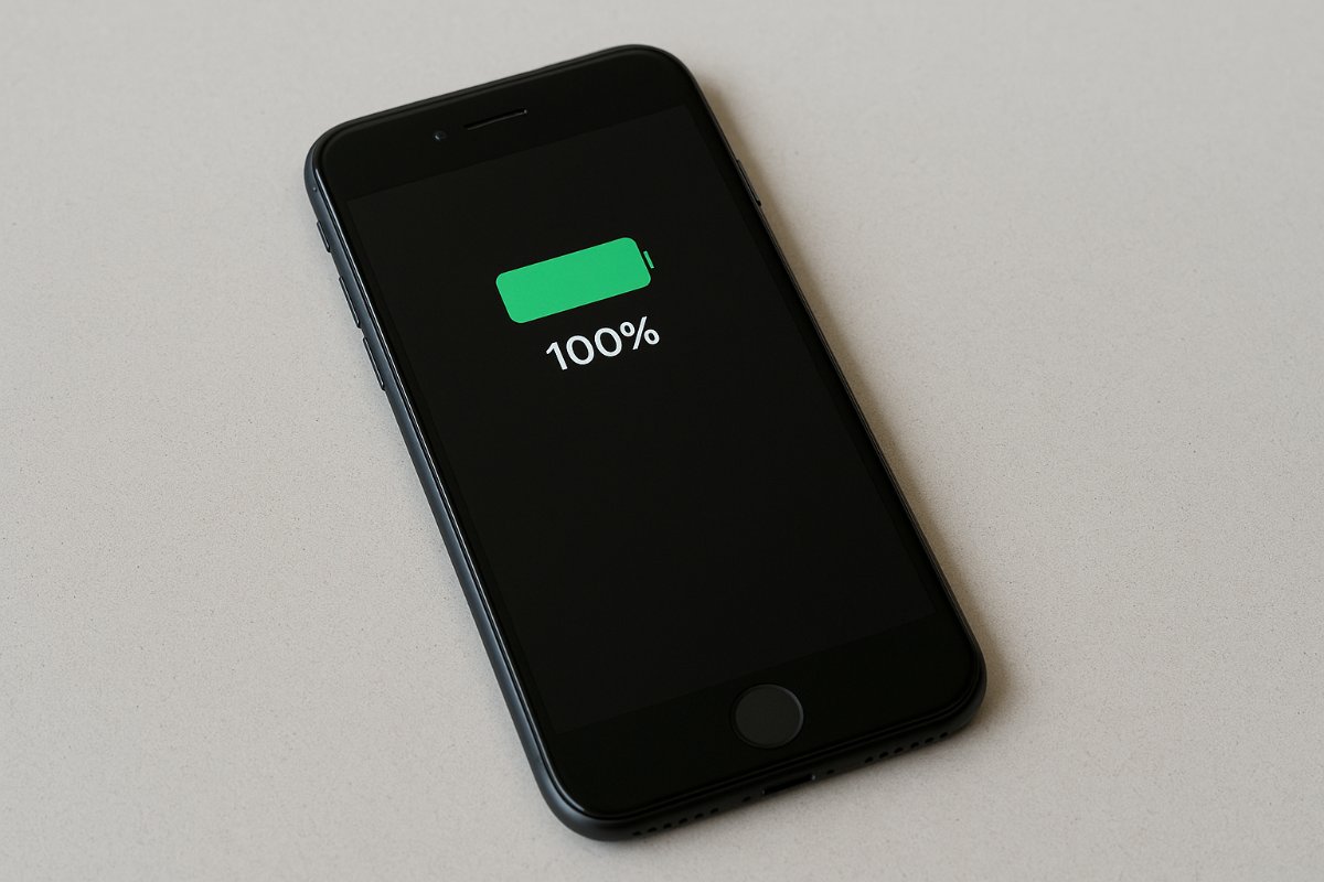 iPhone montado após troca de bateria, sobre bancada de manutenção