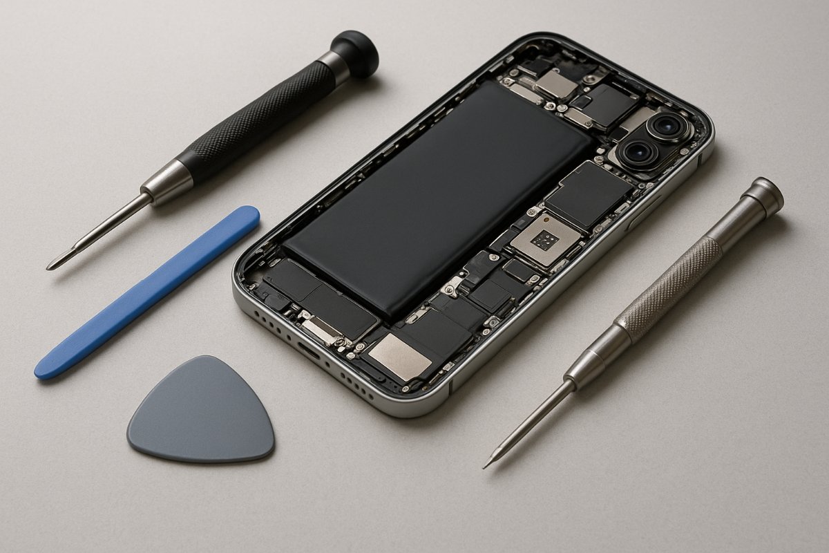 Ferramentas de manutenção ao lado de um iPhone em reparo