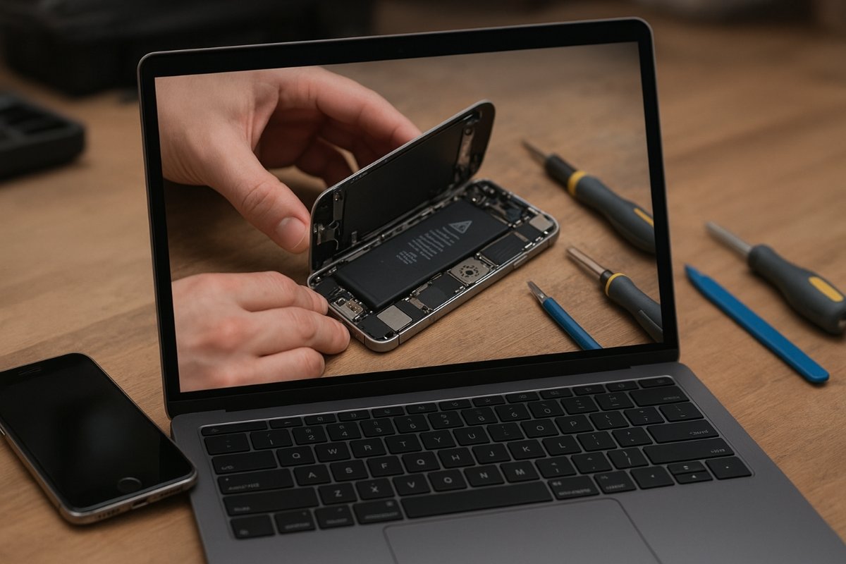 Tela com vídeo de tutorial sobre troca de bateria do iPhone
