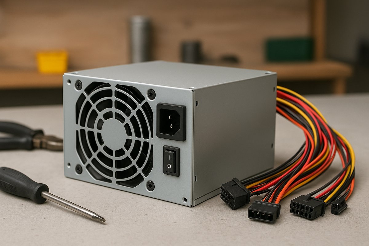 Fonte de PC em destaque sobre bancada de eletrônica.