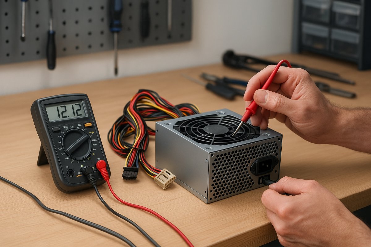 Fonte de computador após reparo em teste de bancada