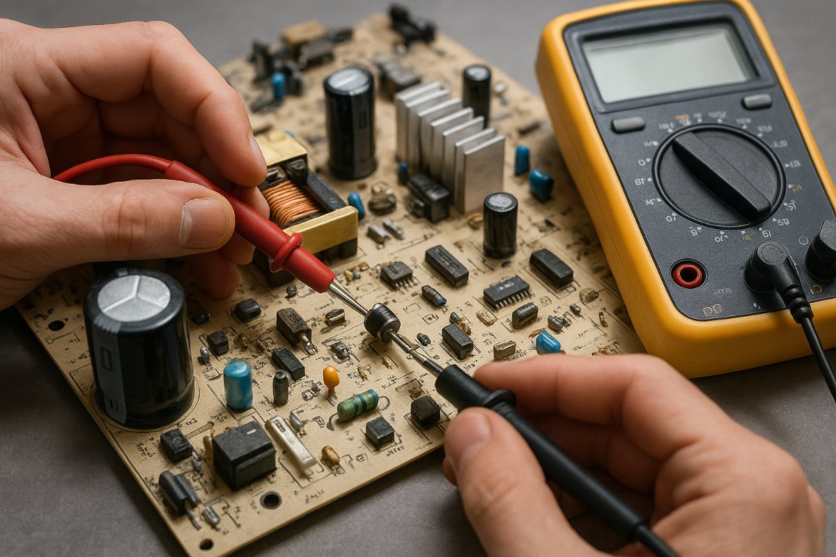 Placa de fonte de computador sendo verificada em bancada técnica