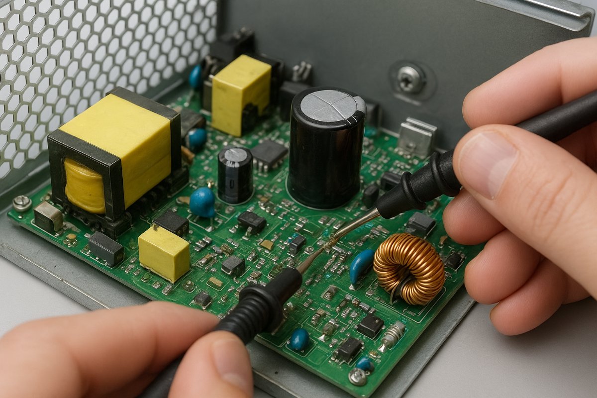 Detalhe dos componentes internos de uma fonte de computador em análise