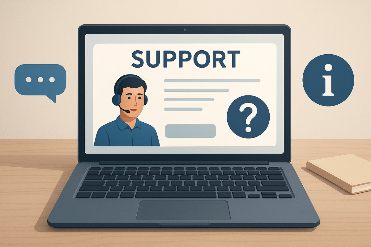 Notebook com página de suporte e ajuda técnica