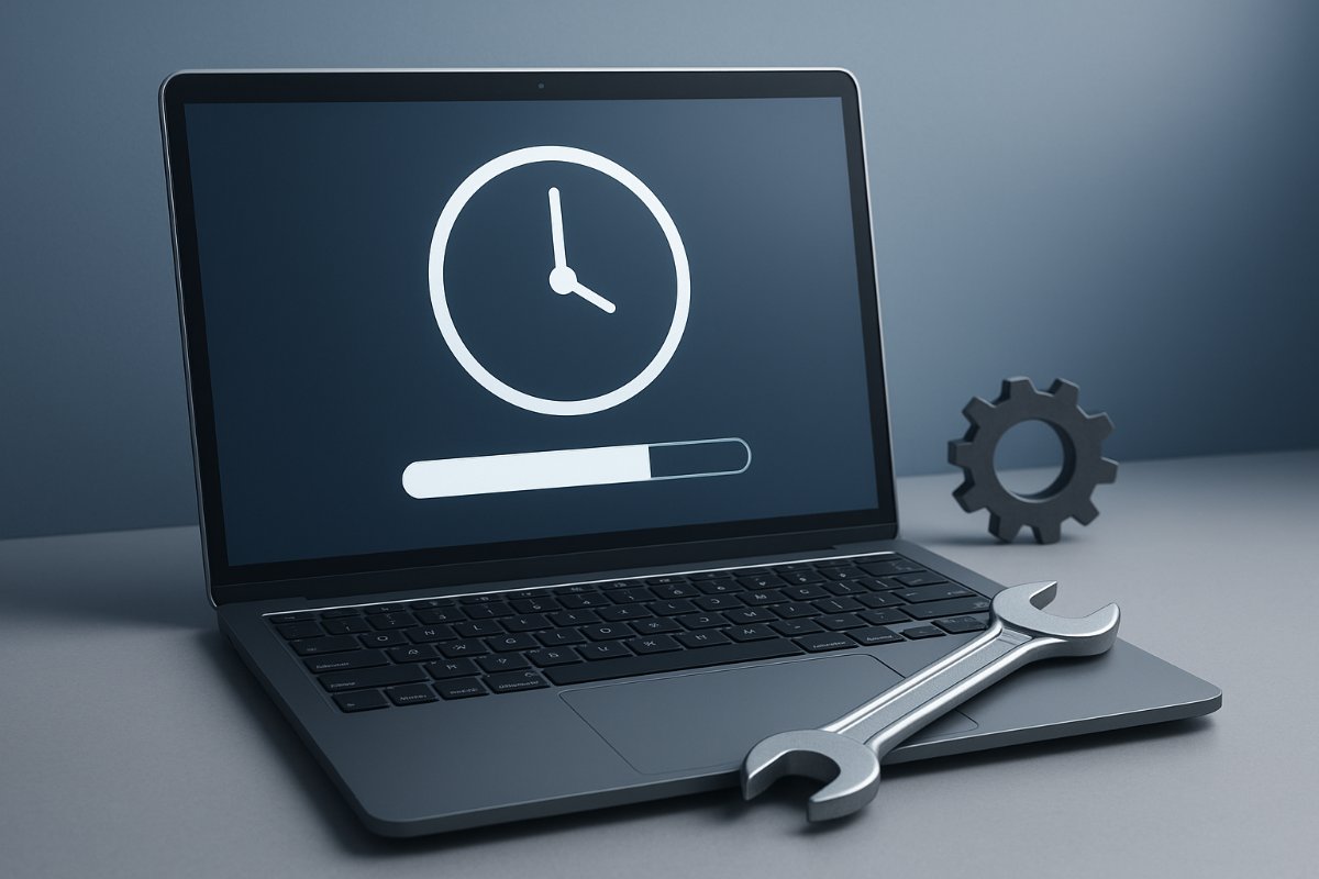 Computador em manutenção com indicador de progresso