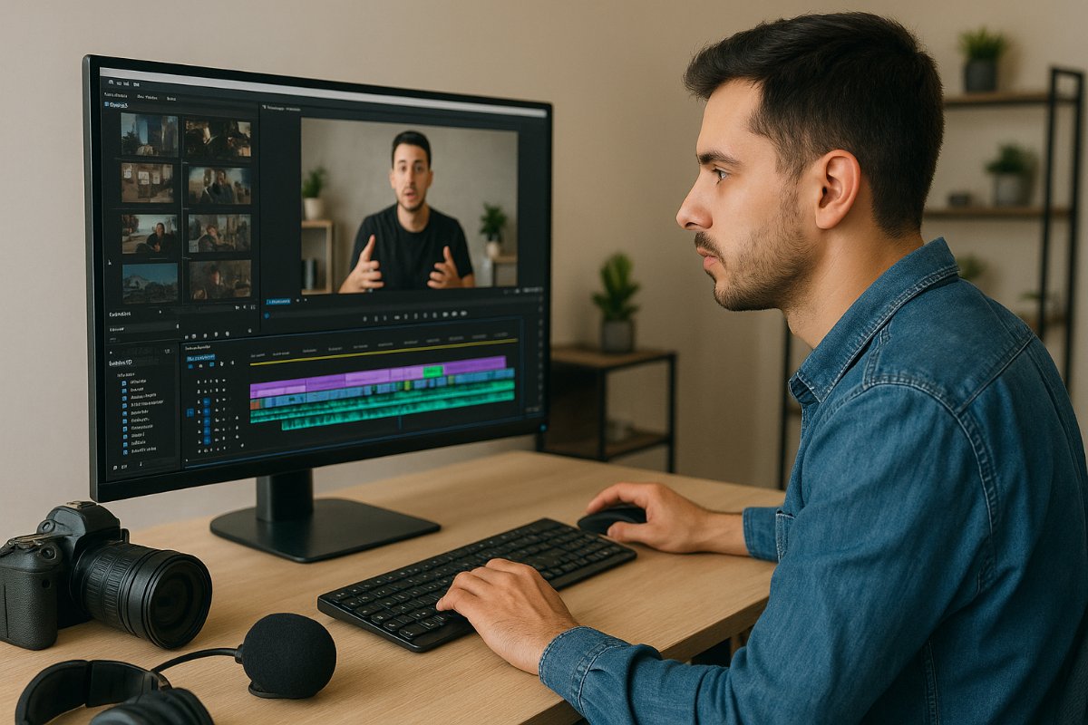Pessoa editando vídeo para o YouTube em um computador.