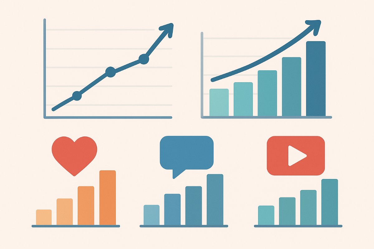 Gráficos genéricos de crescimento de canal e engajamento em vídeo.