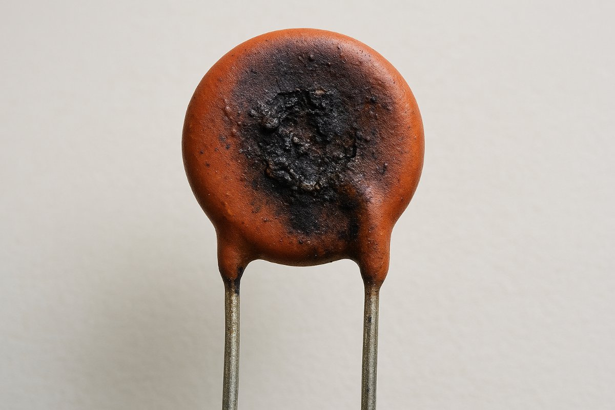 Varistor queimado com sinais visíveis de dano