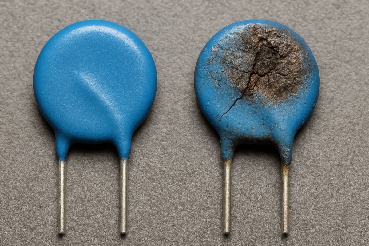 Varistor visualmente queimado em close-up