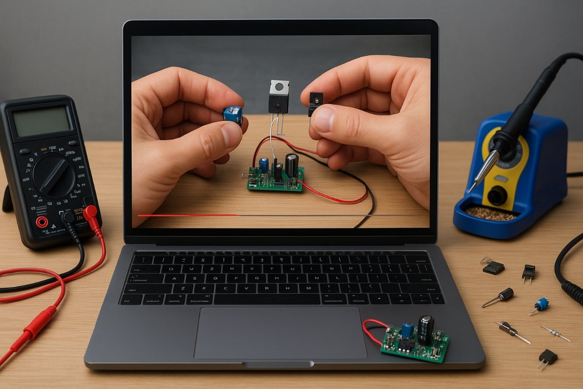 Notebook exibindo vídeo sobre fonte de bancada em uma mesa de eletrônica