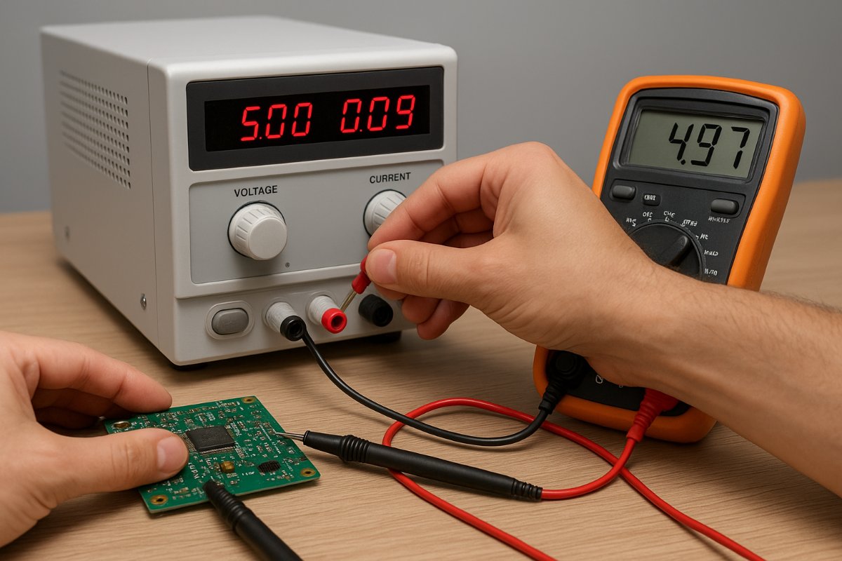 Mãos ajustando uma fonte de bancada em laboratório de eletrônica