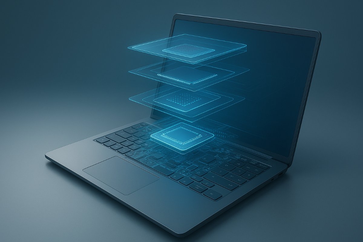 Notebook com representação conceitual de componentes internos de desempenho