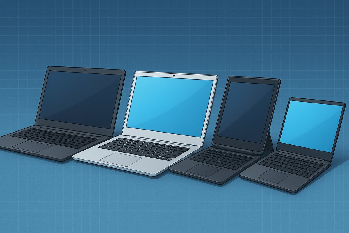 Montagem com diferentes tipos de notebooks lado a lado