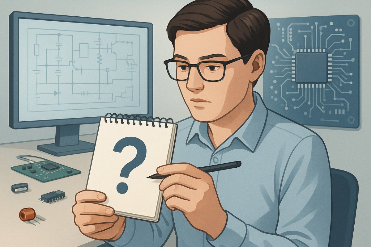 Pessoa analisando uma dúvida técnica com elementos de eletrônica ao fundo.