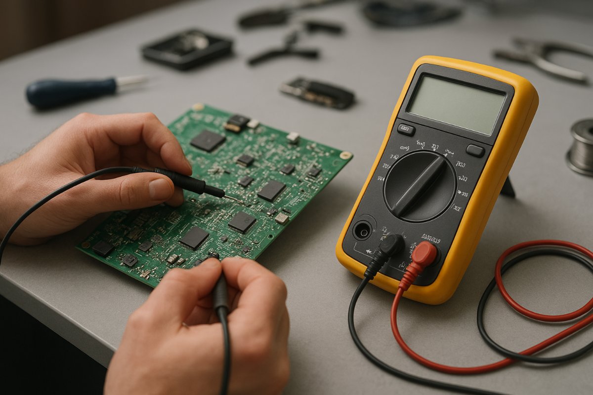 Técnico analisando placa eletrônica com multímetro