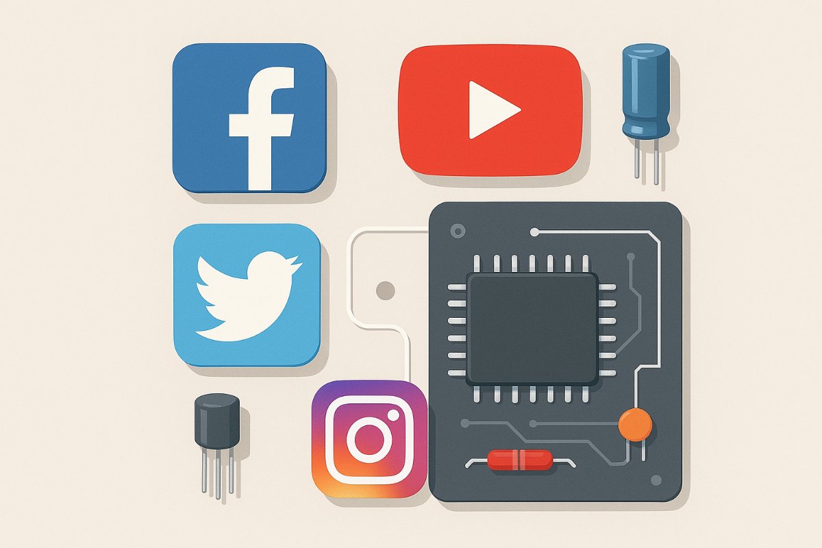 Elementos de redes sociais e eletrônica em composição editorial