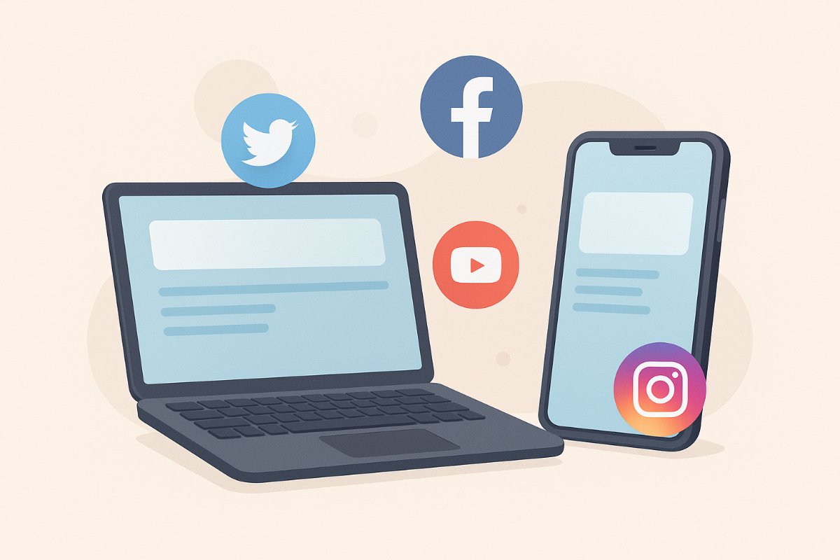 Ícones de redes sociais e dispositivos representando acompanhamento de conteúdos
