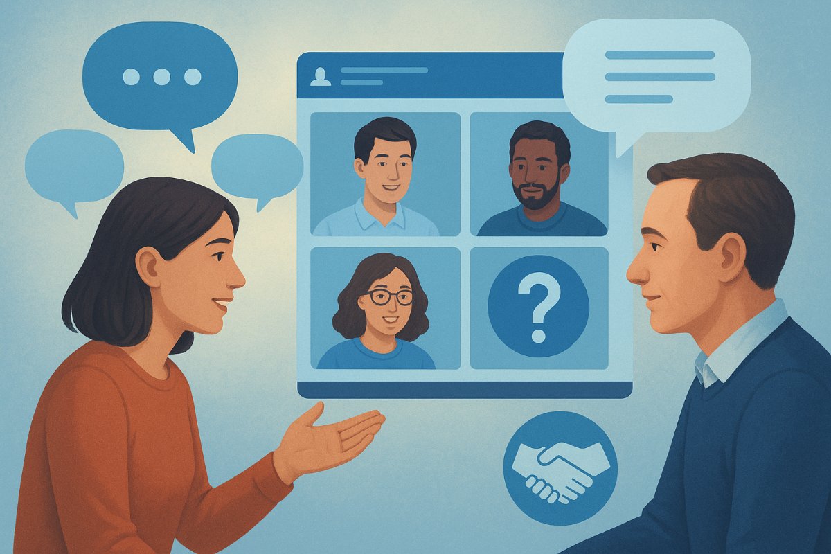 Comunidade online com balões de conversa e suporte
