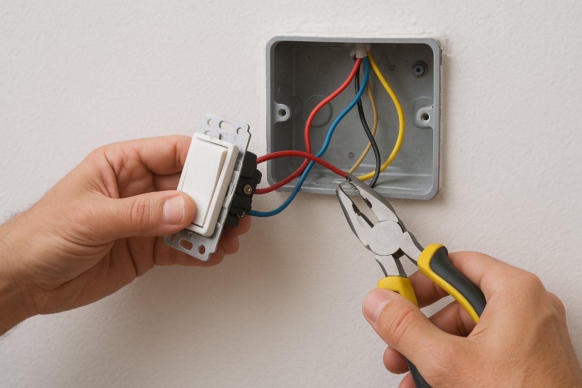 Instalação básica de interruptor com fios organizados e ferramentas