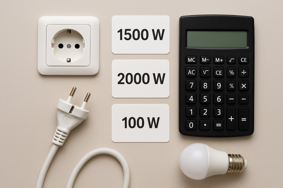 Calculadora e equipamentos elétricos representando cálculo de potência