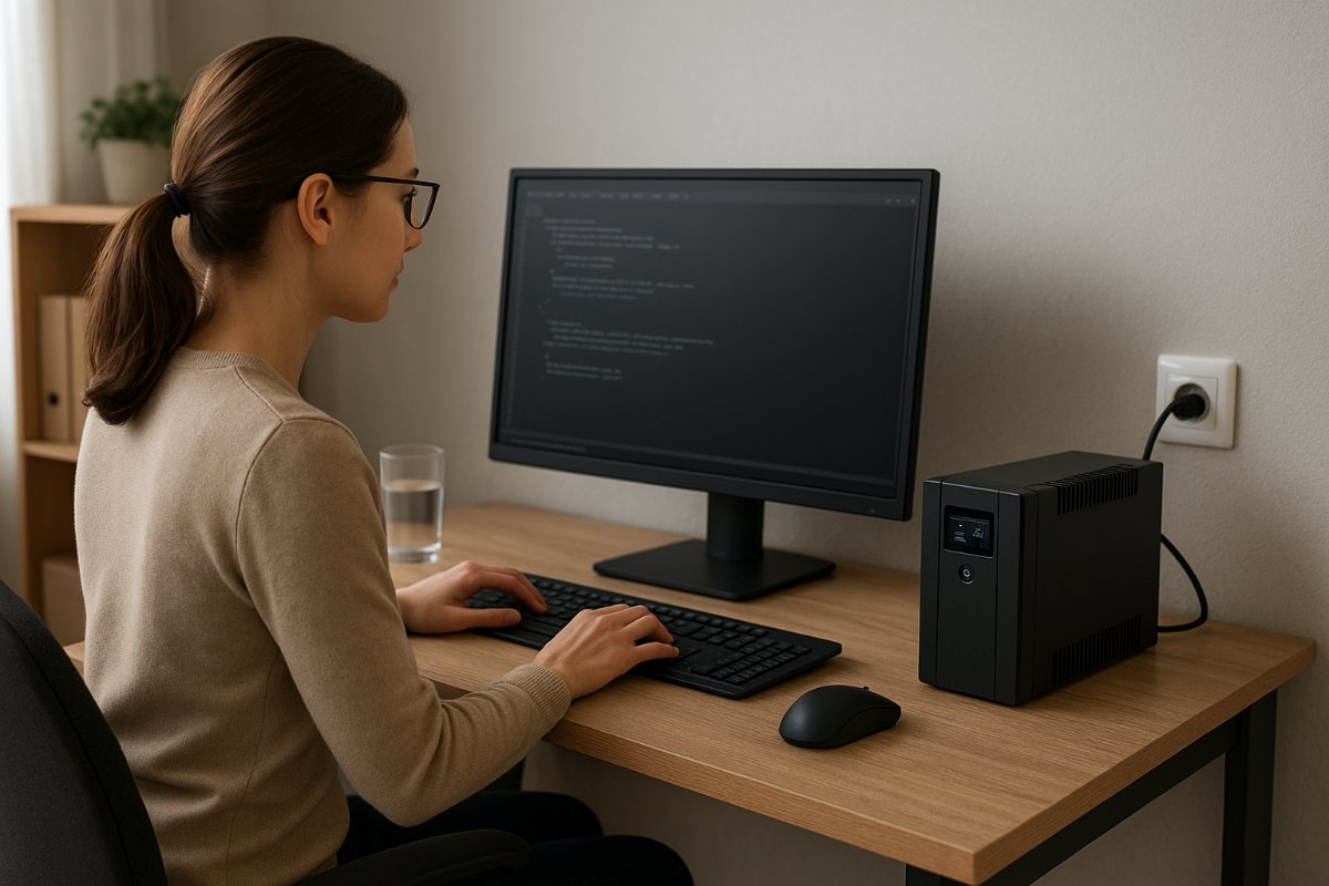 Computador de mesa ligado a um nobreak em ambiente de escritório