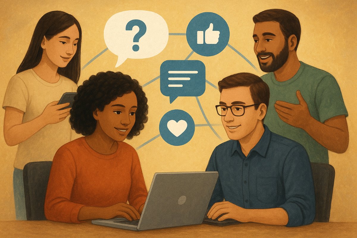 Ilustração de comunidade online para tirar dúvidas