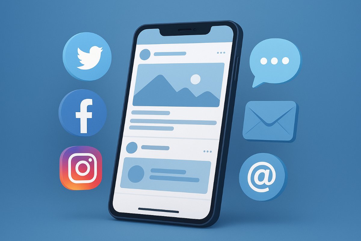 Ícones de redes sociais e smartphone com conteúdo do canal