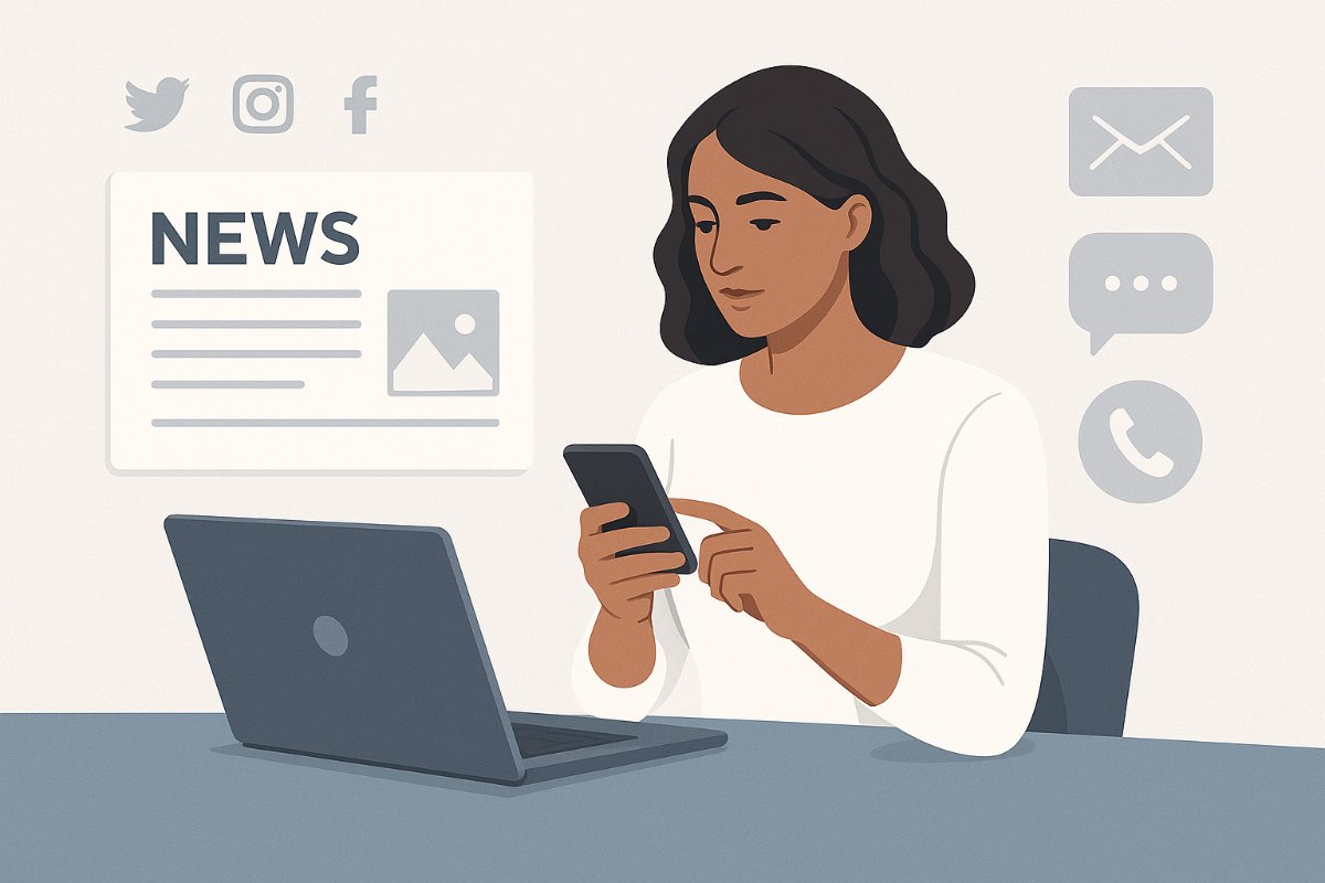 Elementos visuais de redes sociais e comunicação digital em um layout técnico.