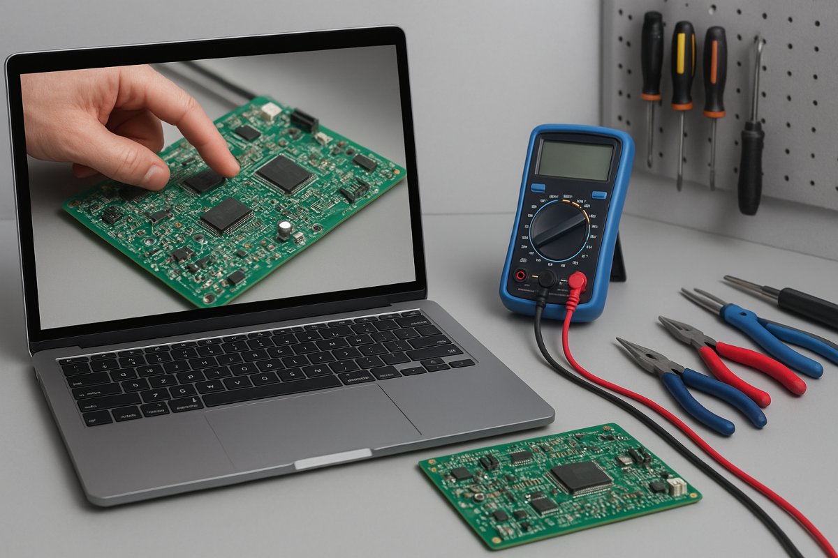 Monitor exibindo um vídeo técnico sobre eletrônica ao lado de ferramentas de bancada.