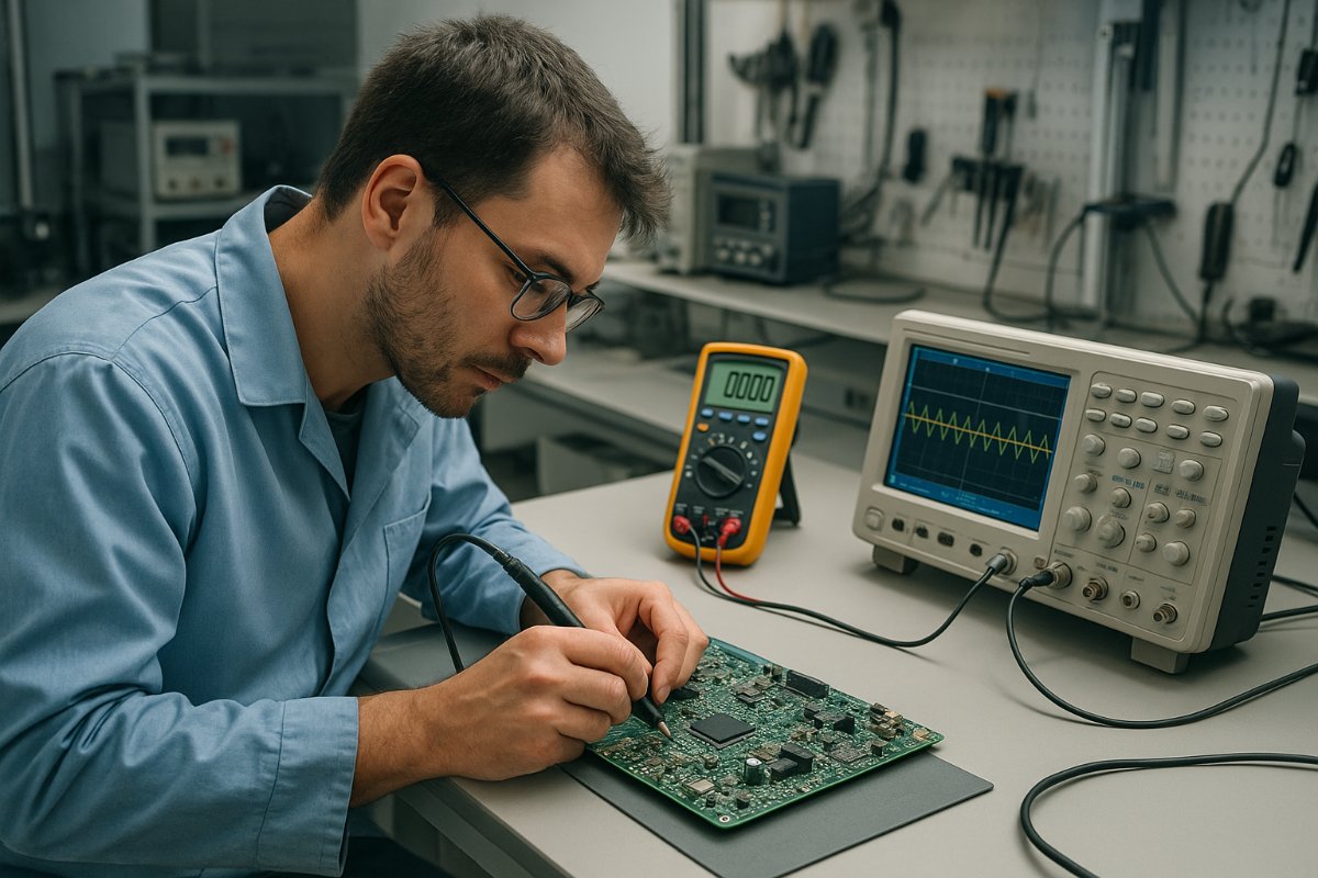 Bancada de eletrônica com placa e instrumentos de medição durante diagnóstico.