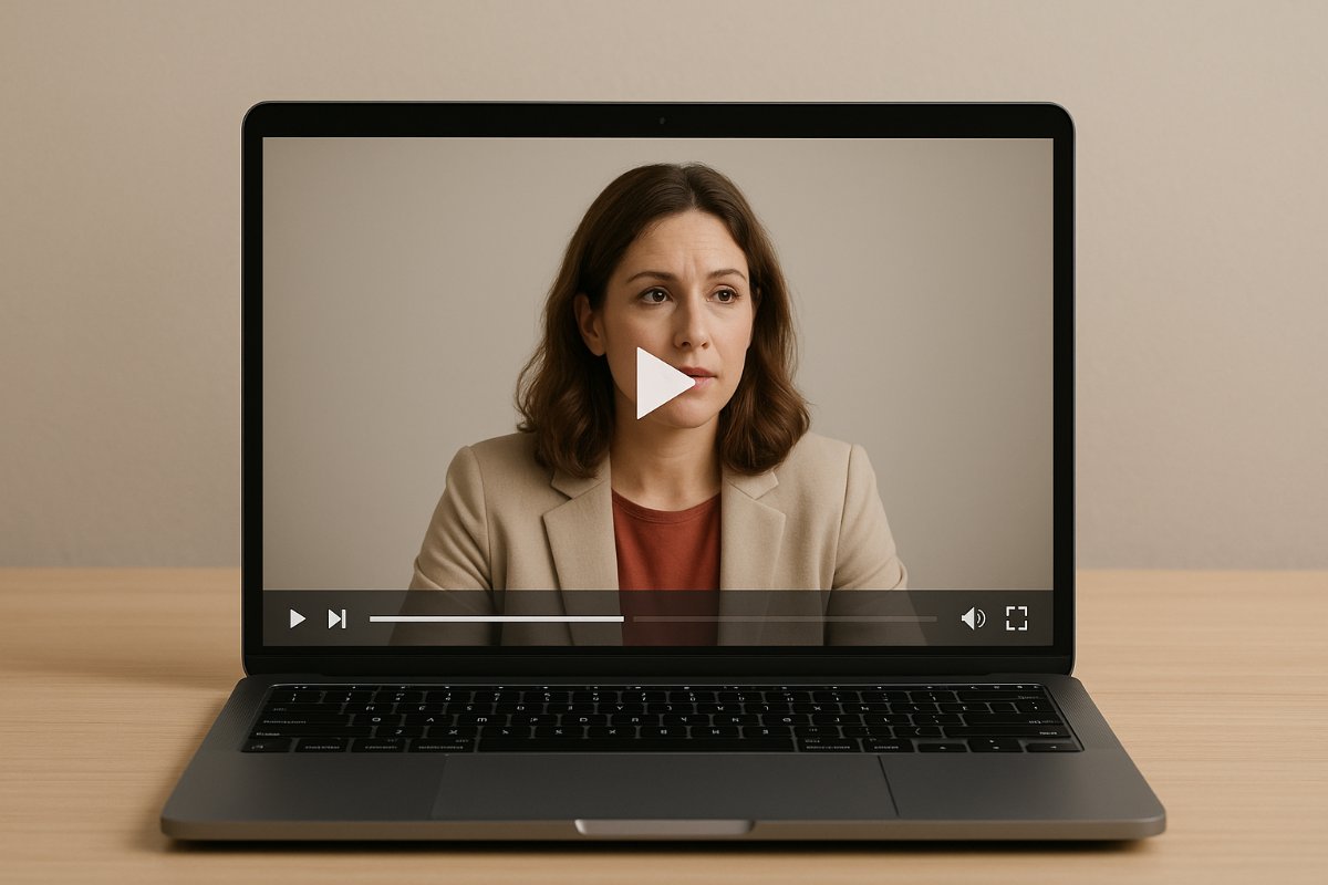 Vídeo da entrevista em destaque em uma tela.