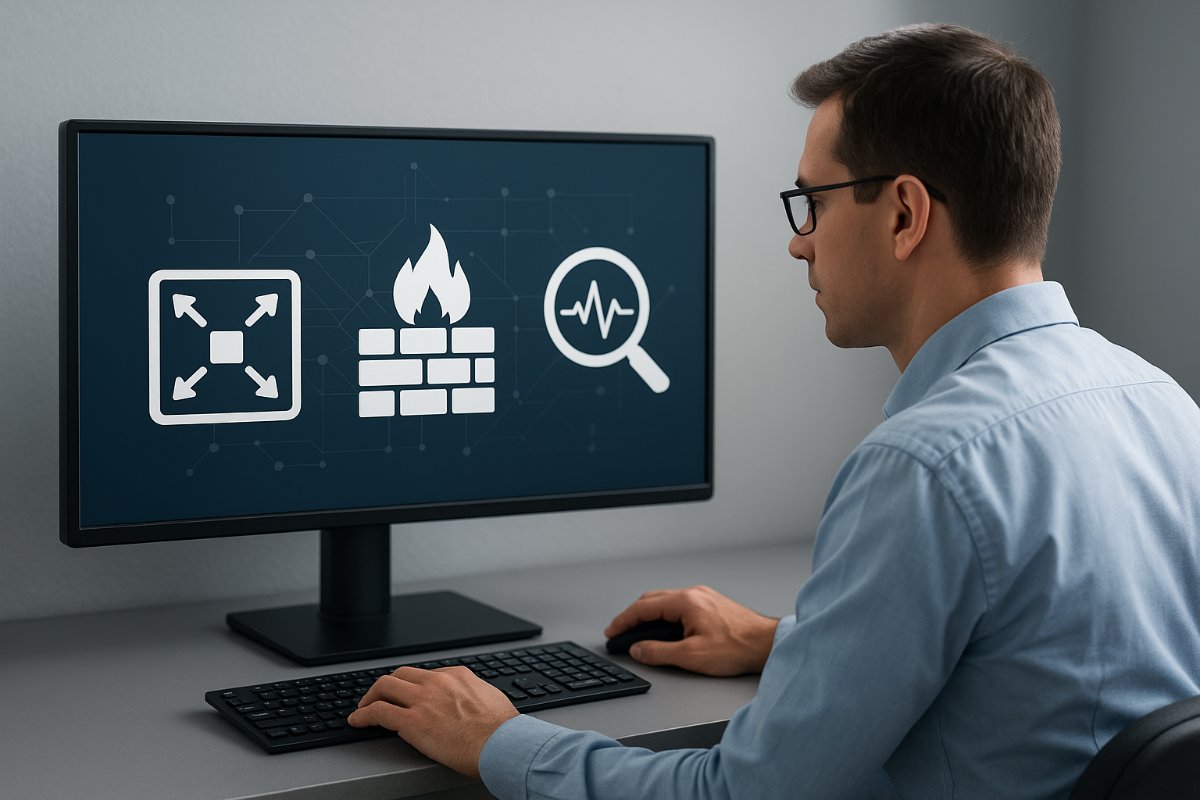 Técnico analisando configurações de rede e bloqueio de portas