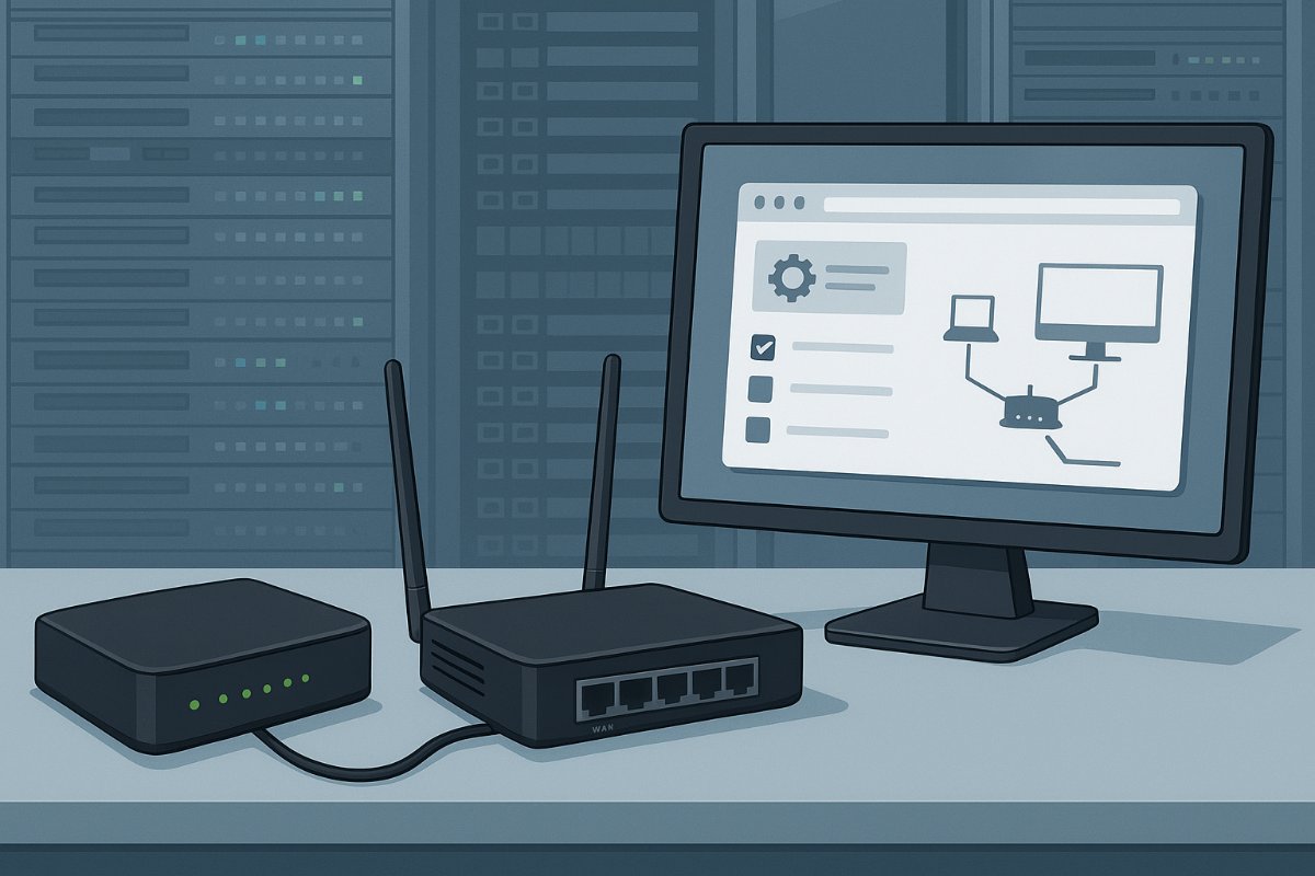 Infraestrutura de rede com roteador e painel de configuração