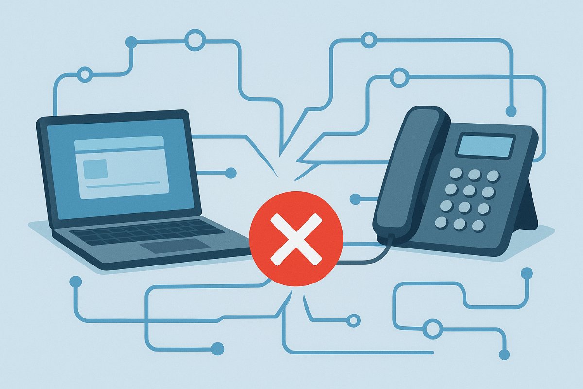 Telefone IP e computador com conexão de rede interrompida