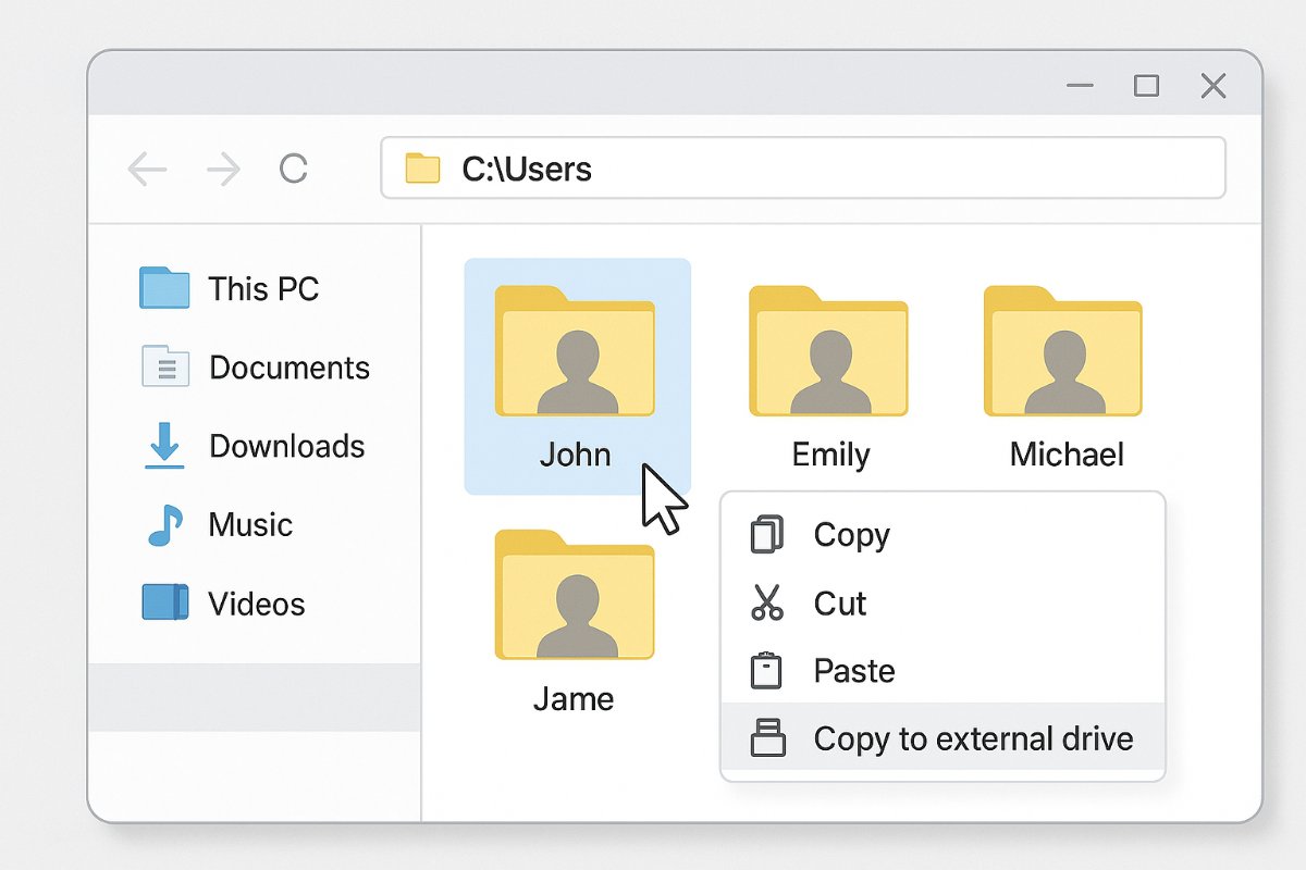 Explorador de arquivos mostrando a pasta Usuários do Windows para backup