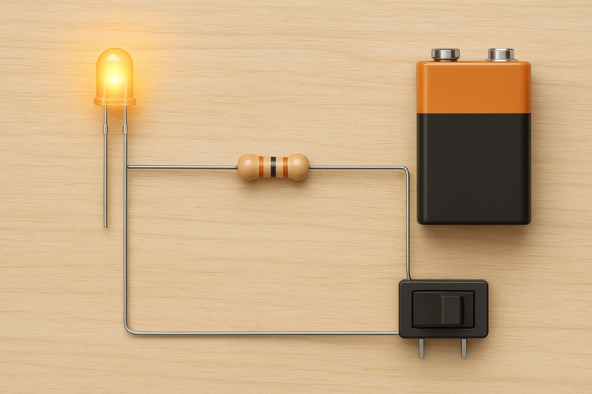 Componentes de uma lanterna de LED simples organizados sobre a mesa