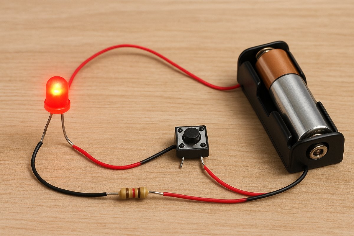 Circuito simples de lanterna de LED funcionando com o LED aceso