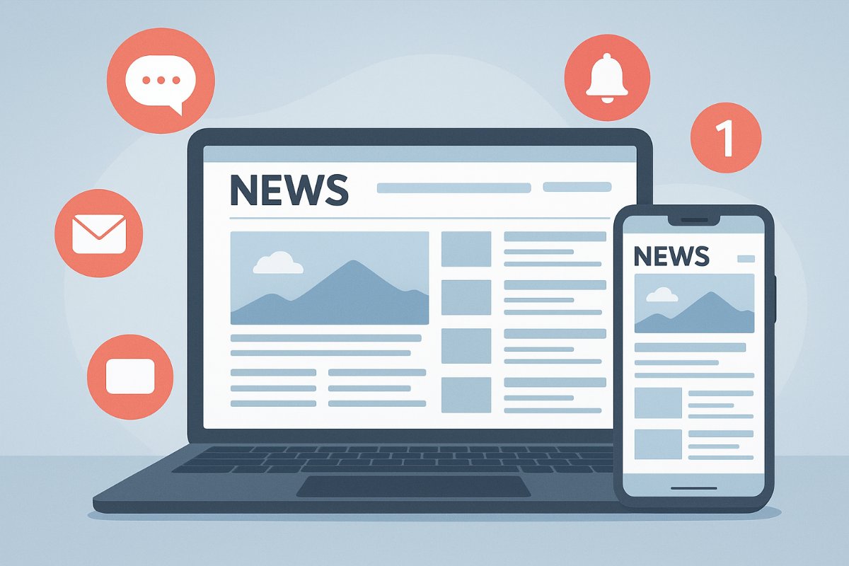 Portal exibindo novas publicações com notificações por e-mail.