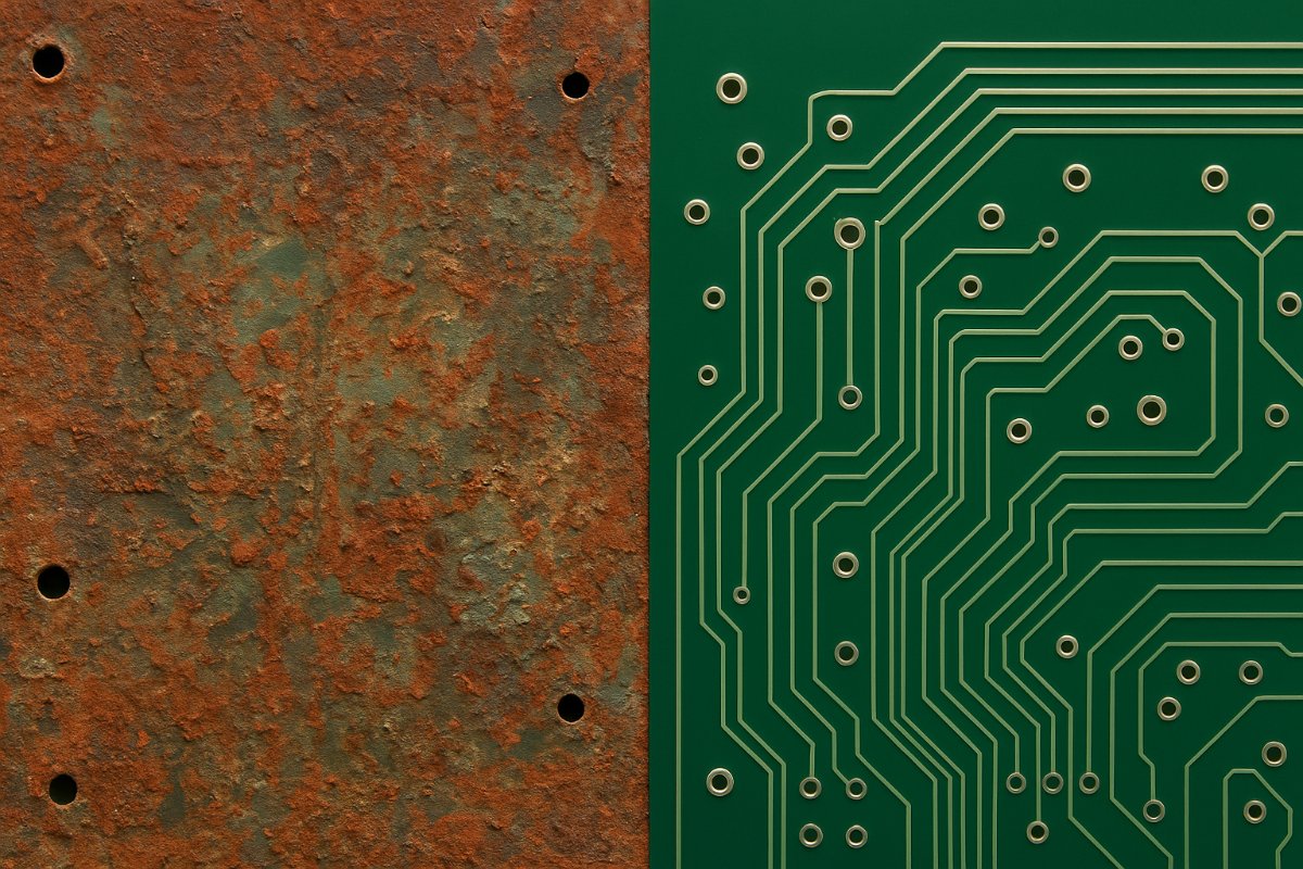 Placa de circuito impresso em processo de corrosão