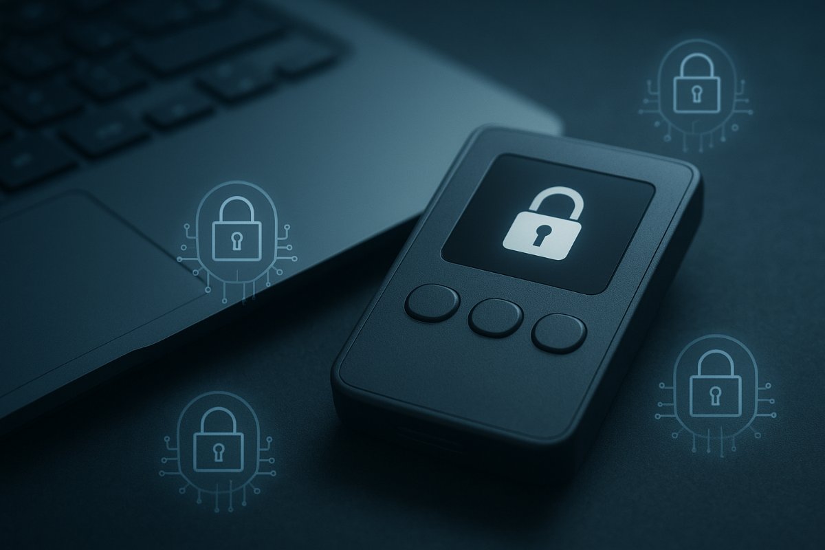 Hardware wallet com botões físicos representando carteira fria
