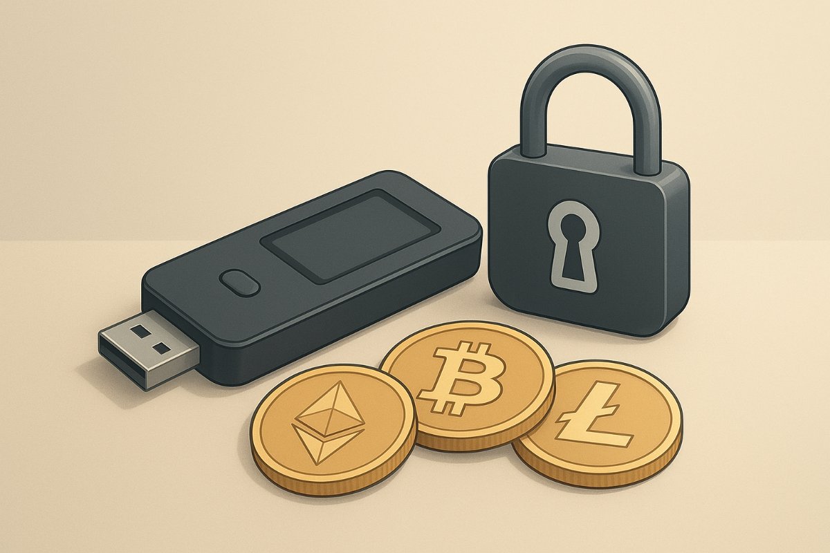 Hardware wallet com ícone de segurança e moedas digitais