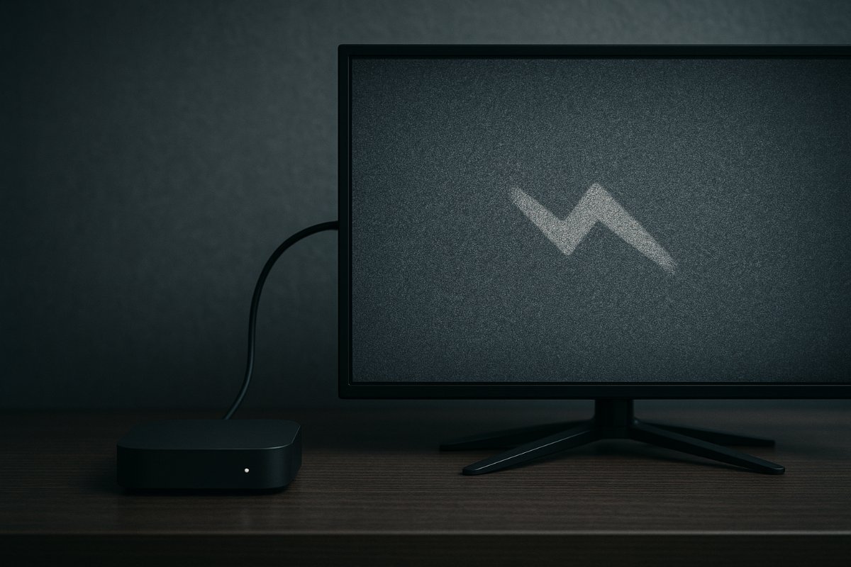 Dispositivo de streaming ao lado de uma televisão com sinal instável