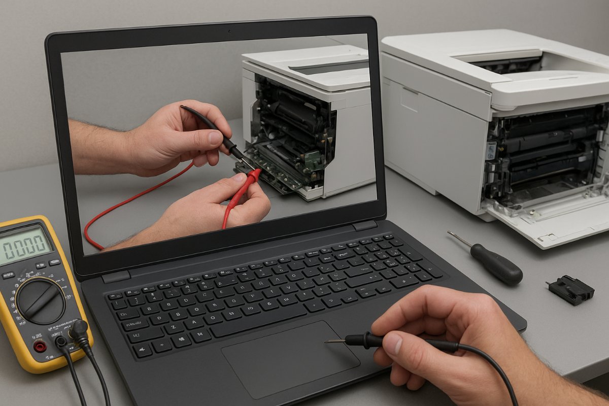 Notebook exibindo vídeo de reparo de impressora ao lado de uma HP 3516