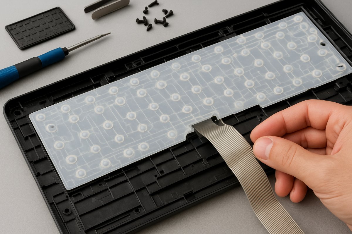 Teclado de computador aberto mostrando a parte interna para manutenção