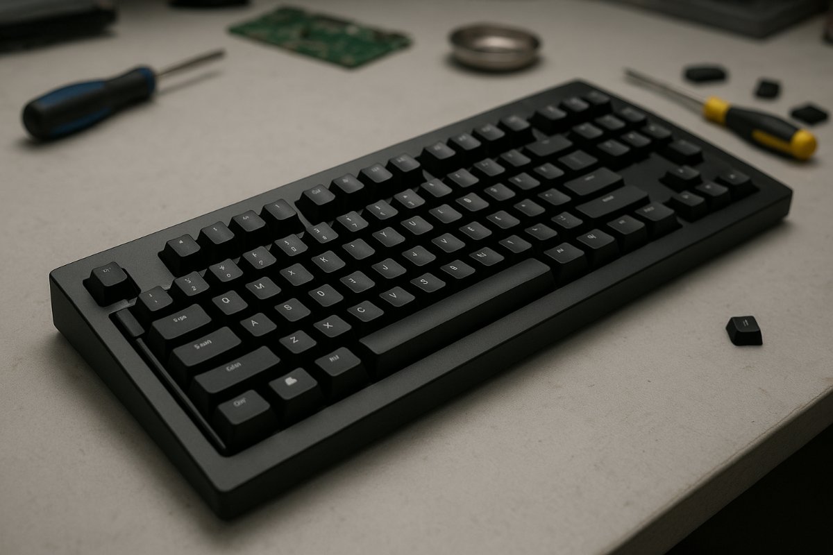 Teclado de computador montado após manutenção