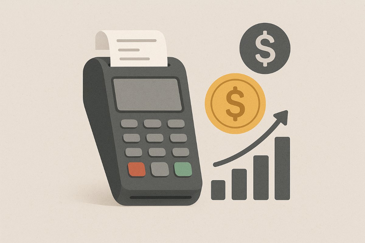 Maquininha de cartão com símbolos de economia