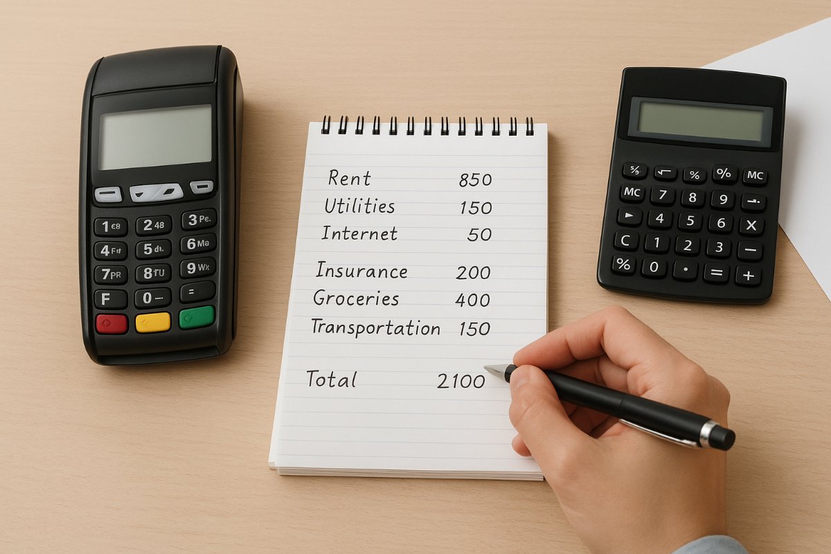 Maquininha de cartão ao lado de calculadora e anotações