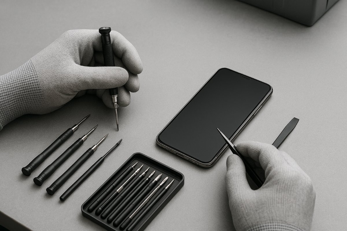 Ferramentas de manutenção ao lado de um smartphone desligado antes da troca da bateria